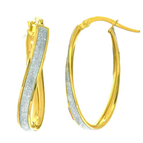 14Kt Yellow Gold 3.75mm Shiny Twisted Oval Hoop Earring with White Glitter with Hinged Clasp