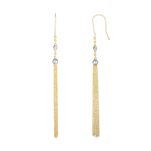 14Kt Yellow+White Gold 85X4mm Shiny+Diamond Cut Graduated Two Tone Diamond Cut Small Round Bead On Yellow Cable Chain Tassel Type Drop Earring with Euro Clasp