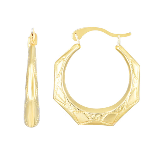 14kt Gold Yellow Finish 19.5x17mm Diamond Cut Hoop Earring with Hinged Clasp