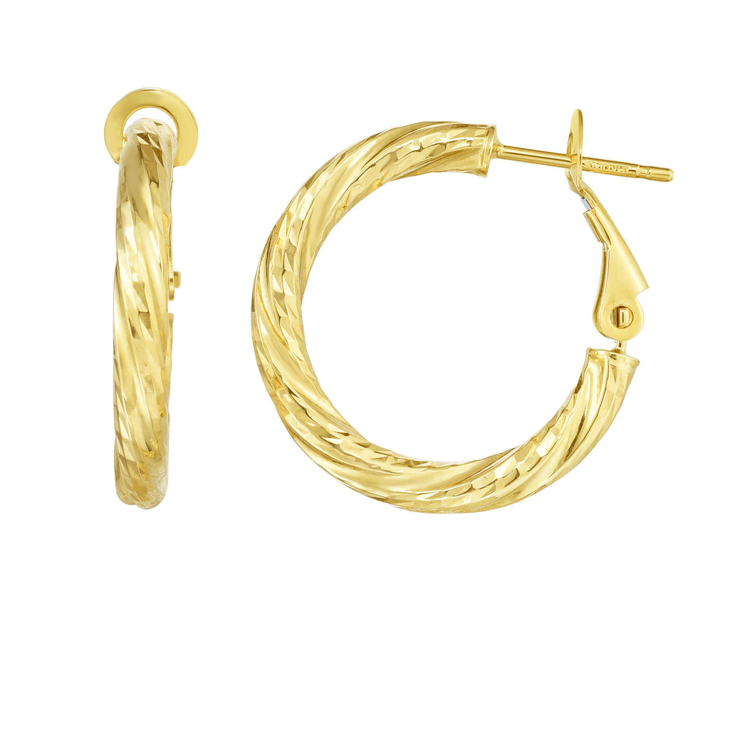 14kt Gold Yellow Finish 3x21.5x21.5mm Diamond Cut Hoop Earring with Snap Clasp
