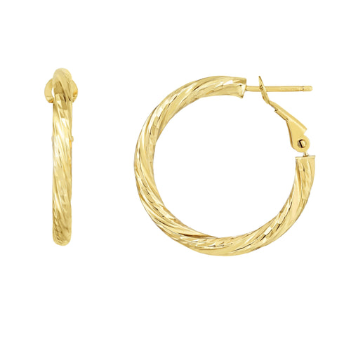 14kt Gold Yellow Finish 3x26.5x27mm Diamond Cut Hoop Earring with Snap Clasp