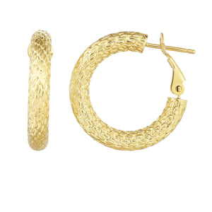 14kt Gold Yellow Finish 4x23.5x23.5mm Textured Hoop Earring with Snap Clasp