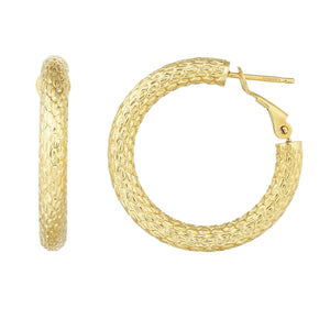 14kt Gold Yellow Finish 4x29x29mm Textured Hoop Earring with Snap Clasp