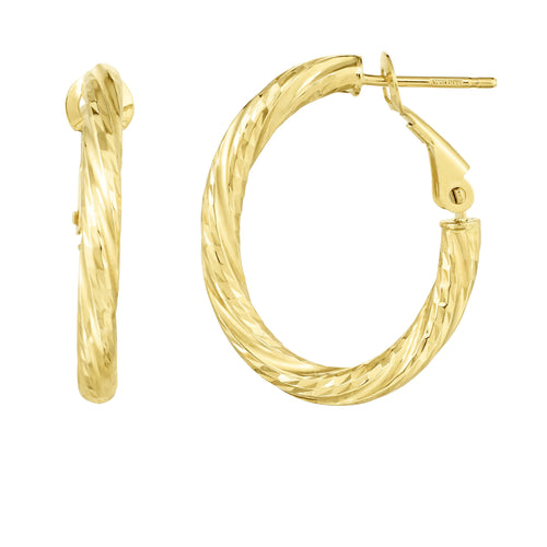 14kt Gold Yellow Finish 3x25.5x21mm Diamond Cut Hoop Earring with Snap Clasp