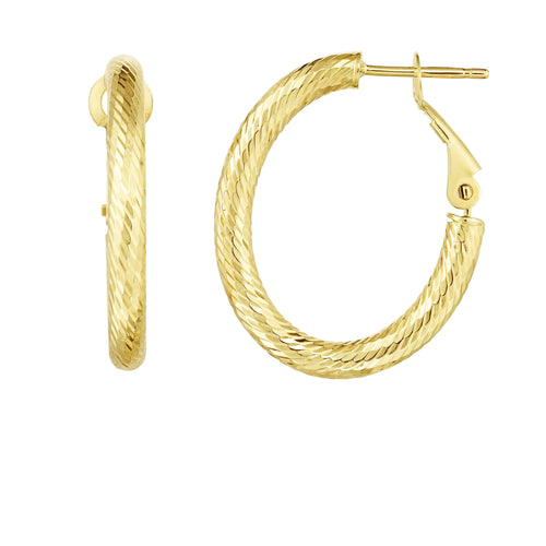 14kt Gold Yellow Finish 3x25.5x21mm Diamond Cut Hoop Earring with Snap Clasp