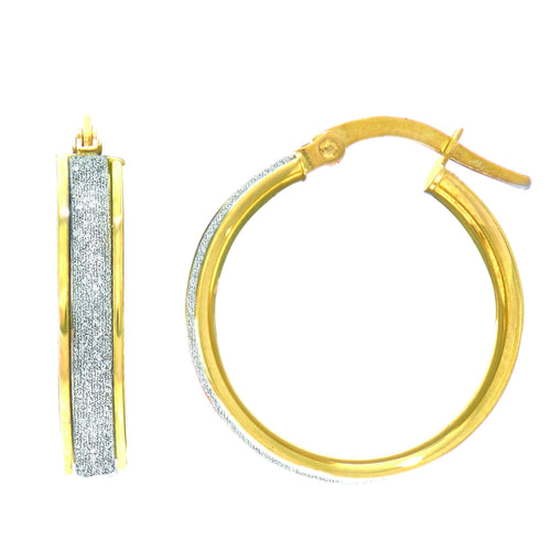 14Kt Yellow Gold 3.75X16mm Shiny Round Hoop Earring with White Glitter with Hinged Clasp