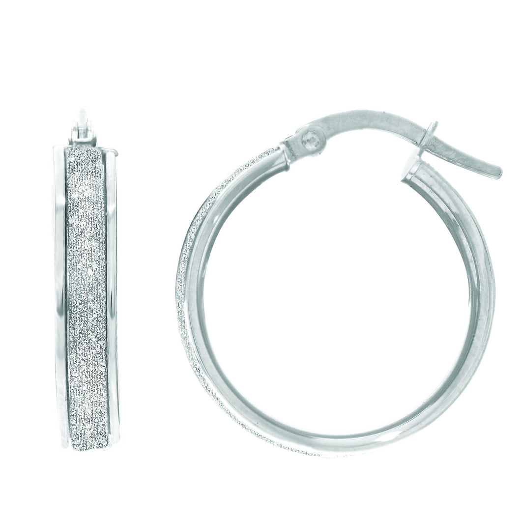 14Kt White Gold 3.75X16mm Shiny Round Hoop Earring with White Glitter with Hinged Clasp