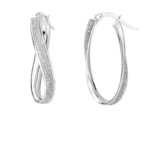 14Kt White Gold 3.75mm Shiny Twisted Oval Hoop Earring with White Glitter with Hinged Clasp