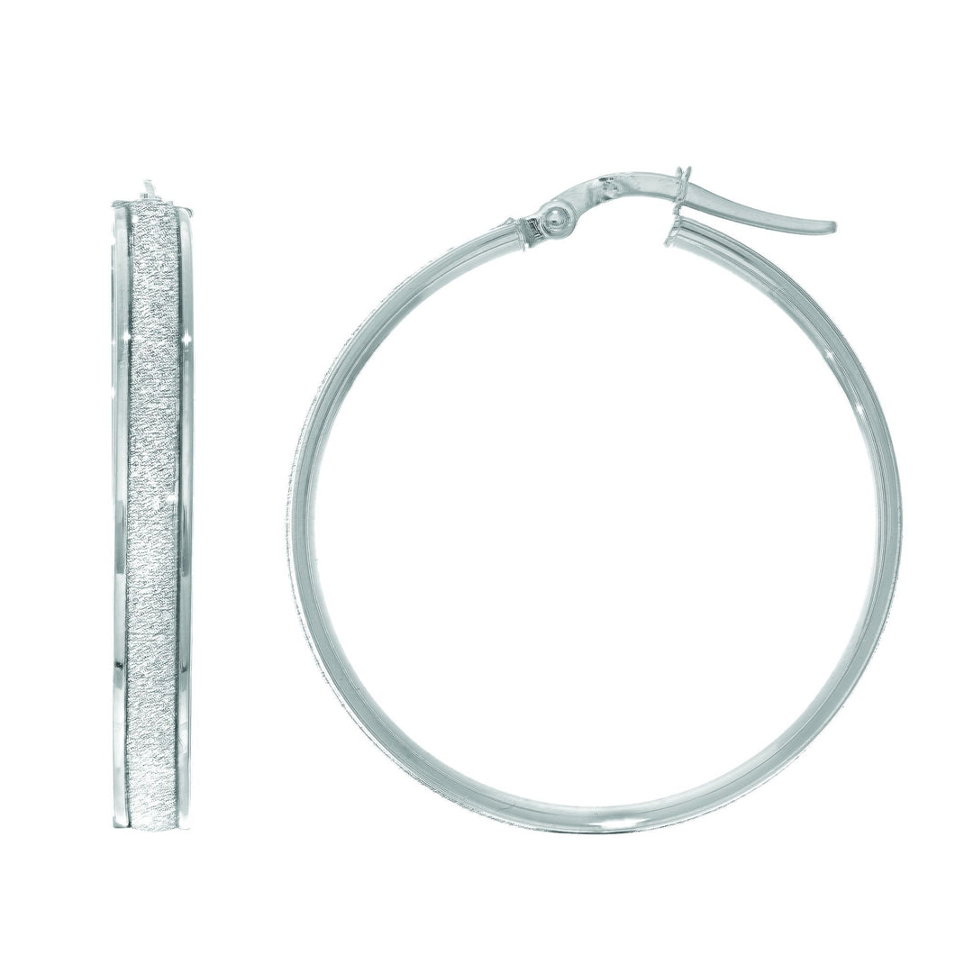 14Kt White Gold 7.75X28mm Shiny Round Hoop Earring with White Glitter with Hinged Clasp