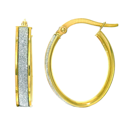 14Kt Yellow Gold 3.75X14X17mm Shiny Oval Hoop Earring with White Glitter with Hinged Clasp