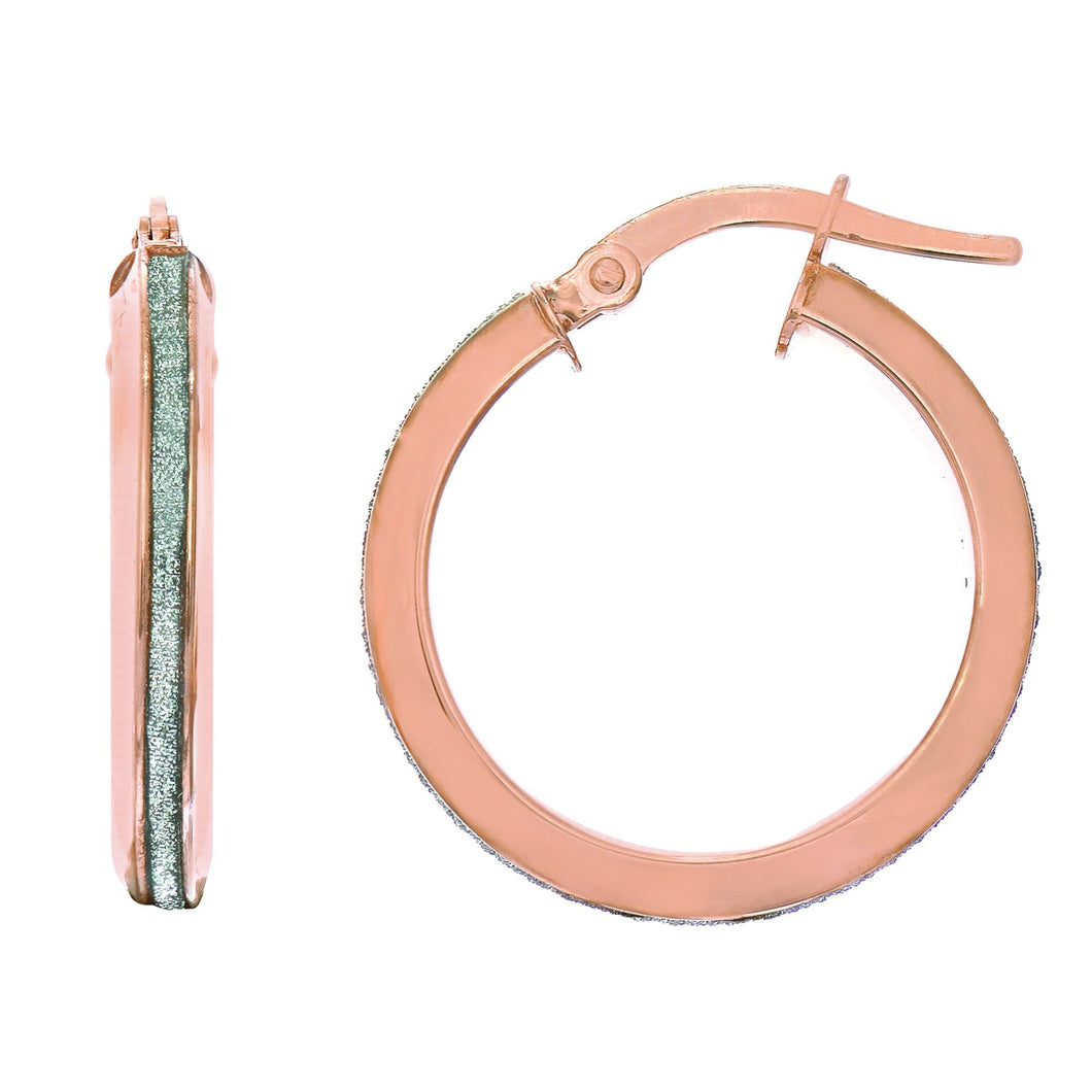 14Kt Rose Gold 2.95X15mm Shiny Round Hoop Earring with White Glitter with Hinged Clasp