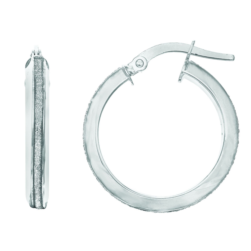 14Kt White Gold 2.95X15mm Shiny Round Hoop Earring with White Glitter with Hinged Clasp