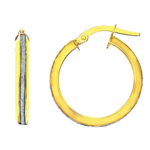 14Kt Yellow Gold 2.95X15mm Shiny Round Hoop Earring with White Glitter with Hinged Clasp