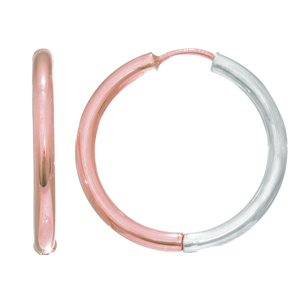 14Kt Rose+White Gold 2.5X20mm Shiny Half White+ Half Pink Hoop Earring with Hinged Clasp