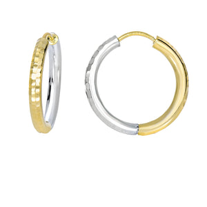 14Kt Yellow+White Gold 2.5X15mm Shiny Diamond Cut Half White+Half Yellow Hoop Earring with Hinged Clasp