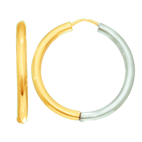 14Kt Yellow+White Gold 2.5X20mm All Shiny Two Tone Round Hoop Earring with Hinged Clasp