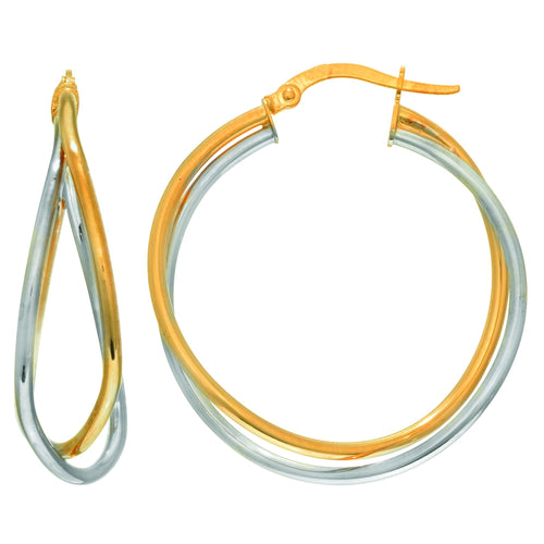 14Kt Yellow+White Gold Shiny Cris Cross Double Row Two Tone Hoop Earring with Hinged Clasp