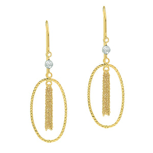 14Kt Yellow Gold Star Diamond Cut Open Oval Drop Earring with Tassels Inside+White Gold Diamond French Wire