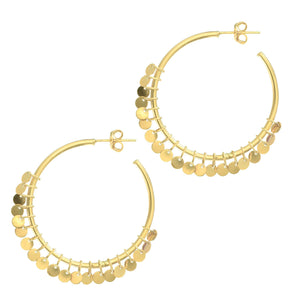 14K Yellow Gold Shiny 1.5X30mm Round Tube Hoop Type Fancy Earring On Post with Small Multi Dangle 3mm Disc On Rings with Hinged Clasp