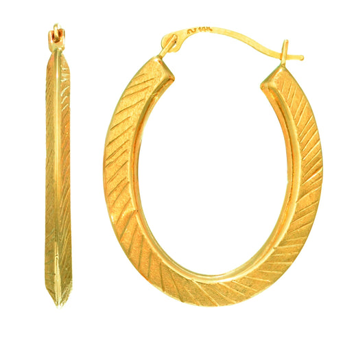 14Kt Yellow Gold Shiny D+C Satin Finish 3-Sided Ov Al Hoop Earring with Hinged Clasp