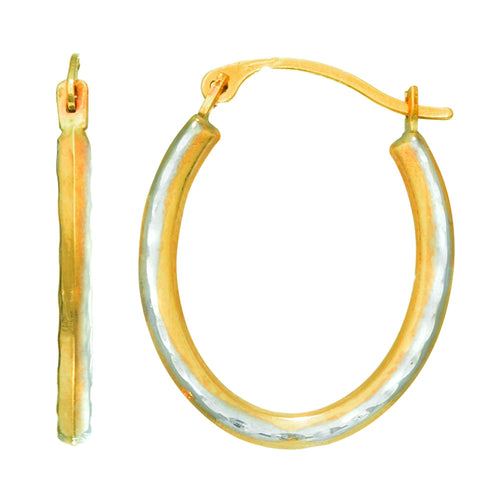 14Kt Yellow Gold 1.1X16X20mm Shiny Alternate Shiny+D+C Satin Finish 3-Sided Oval Hoop Earring with Hinged Clasp