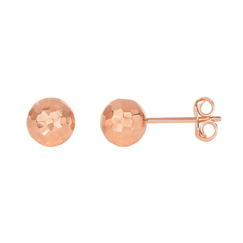 14Kt Rose Gold 7.0mm Shiny Diamond Cut Ball Earring On Post with Butterfly Clasp