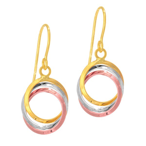 14Kt Yellow+White+Rose Gold 7.9X25.0mm Shiny 3-Open Tri Color Interlocked Ring Drop Earring with "J" Hook