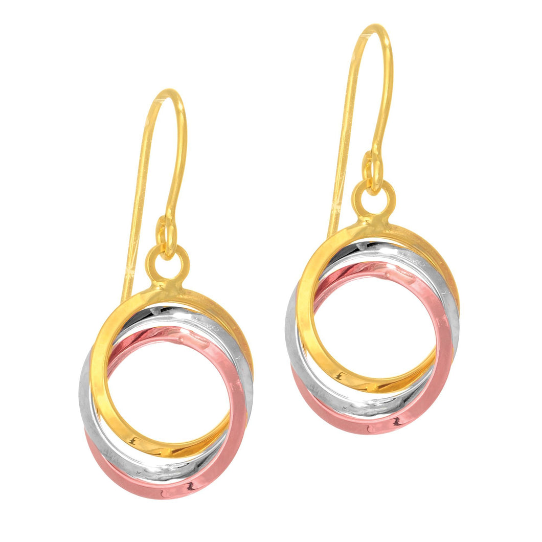 14Kt Yellow+White+Rose Gold 7.9X25.0mm Shiny 3-Open Tri Color Interlocked Ring Drop Earring with 