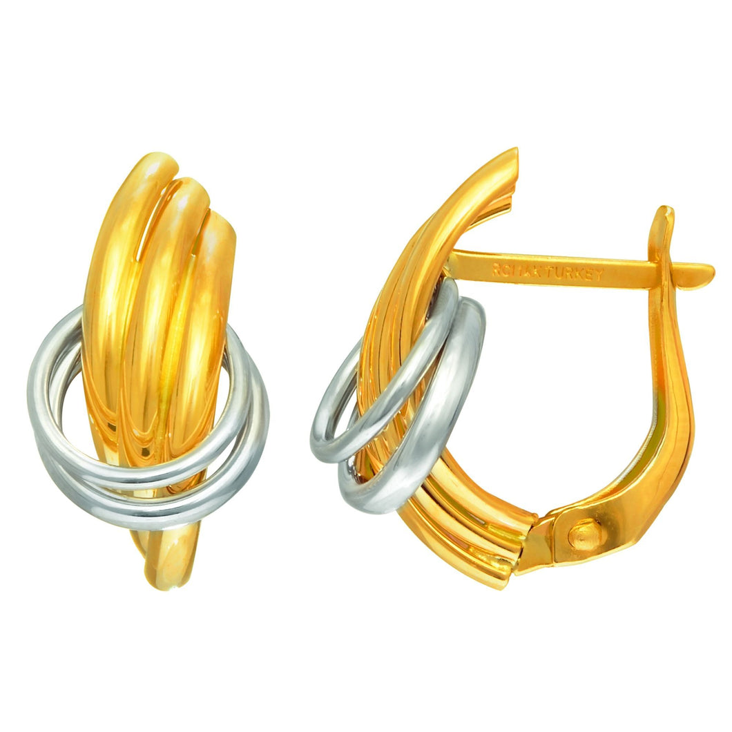 14Kt Yellow+White Gold 9.3X17.7mm Shiny 3-Row Fren Chback Earring Thru 2-White Ring