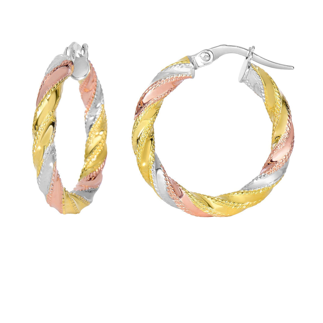 14Kt Yellow+White+Rose Gold 3.0X20.4mm Shiny Textured Twisted Round Tri-Color Hoop Earring with Hinged Clasp