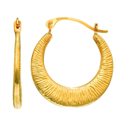 14Kt Yellow Gold Shiny Graduated Textured Hoop Earring with Hinged Clasp
