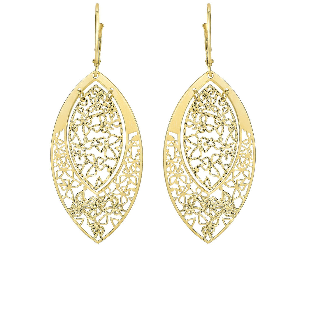 14Kt Yellow Gold 22X53mm Shiny Textured Cut Out Marquis Shape Leaverback Drop Earring with Butterfly Pattern