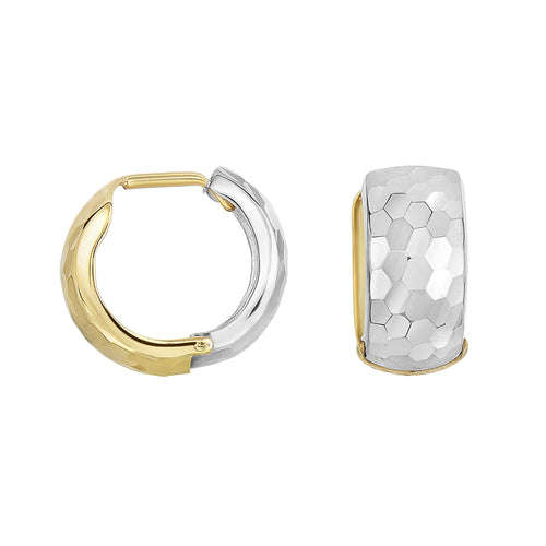 14Kt Yellow+White Gold 7.5X15.8mm Diamond Cut Half White+Half Yellow Snuggable Earring with Snap Clasp