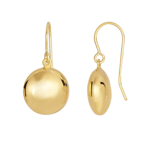 14Kt Yellow Gold 11.0X21.0mm One Side Shiny+One Diamond Cut Small Puff Circle Earring with Euro Wi Re Clasp
