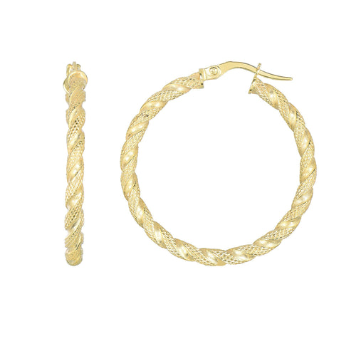 14K Yellow Gold 30X2.5mm Matt+Textured Rope Style Round Tube Round Hoop Earring with Hinge Clasp