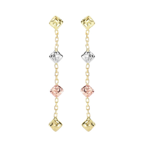 14Kt Yellow+Rose+White Gold 4.9X40.0mm Diamond Cut Diamond Shape 3-Tri-Color Bead On Yellow Cable Chain Drop Earring with Push Back Clasp