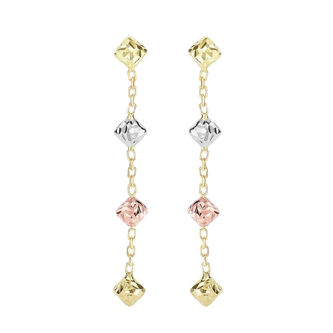 14Kt Yellow+Rose+White Gold 4.9X40.0mm Diamond Cut Diamond Shape 3-Tri-Color Bead On Yellow Cable Chain Drop Earring with Push Back Clasp