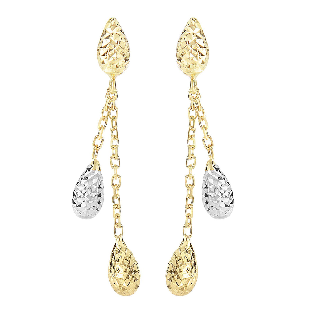 14Kt Yellow+White Gold Diamond Cut 4.3X35mm Puffed Teardrop Post with 2-2 Tone Puffed Teardrop Hanging On Cable Chain Drop Earring with Push Back Clasp