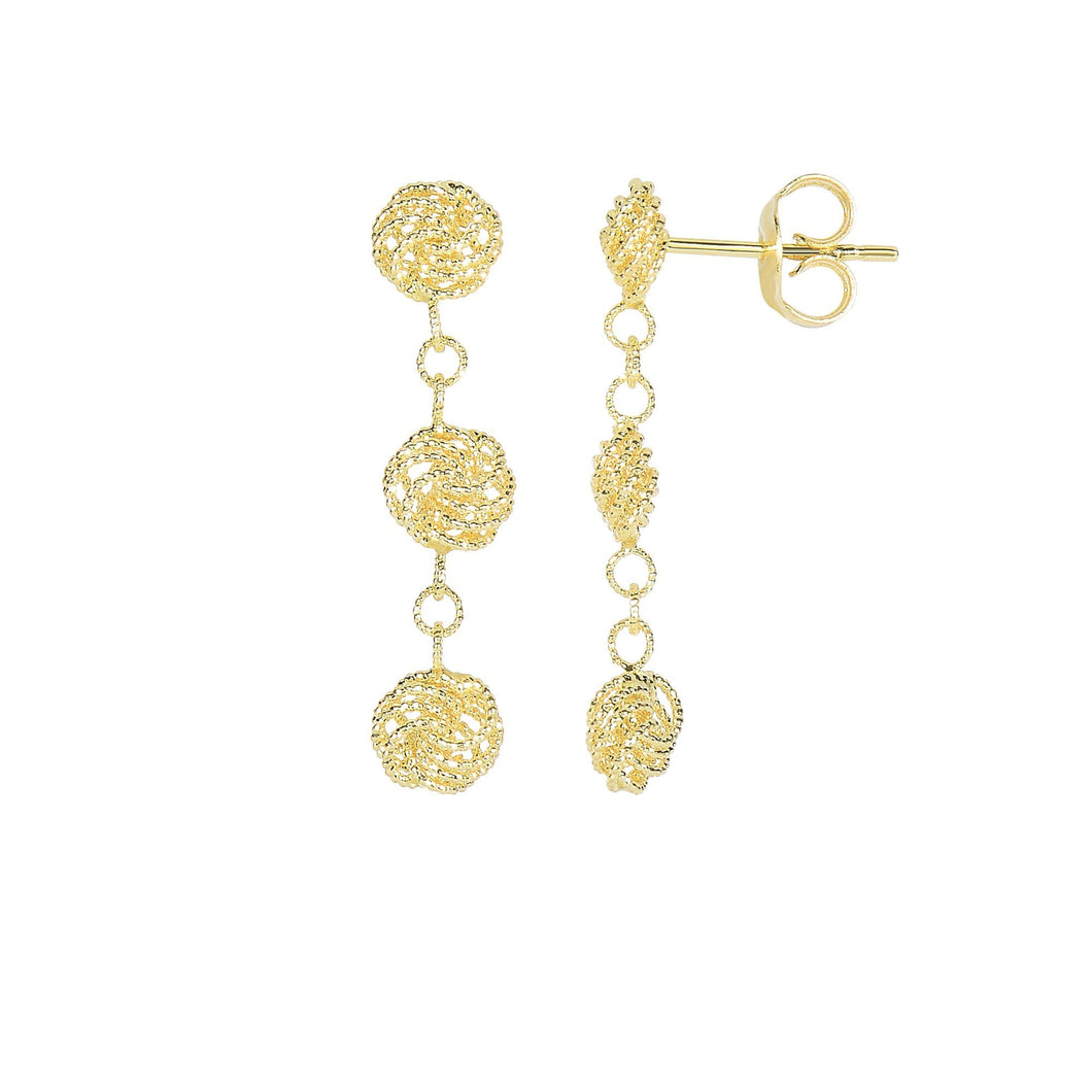 14Kt Yellow Gold 27X6mm 3 Hanging Textured Small Flower Type Drop Earring with Push Back Clasp
