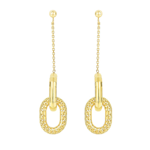 14Kt Yellow Gold 50X11mm 2-Shiny+Matt Finish Inter Connected Oval On Diamond Cut Oval Link Fancy Drop Earring On Post with Push Back Clasp