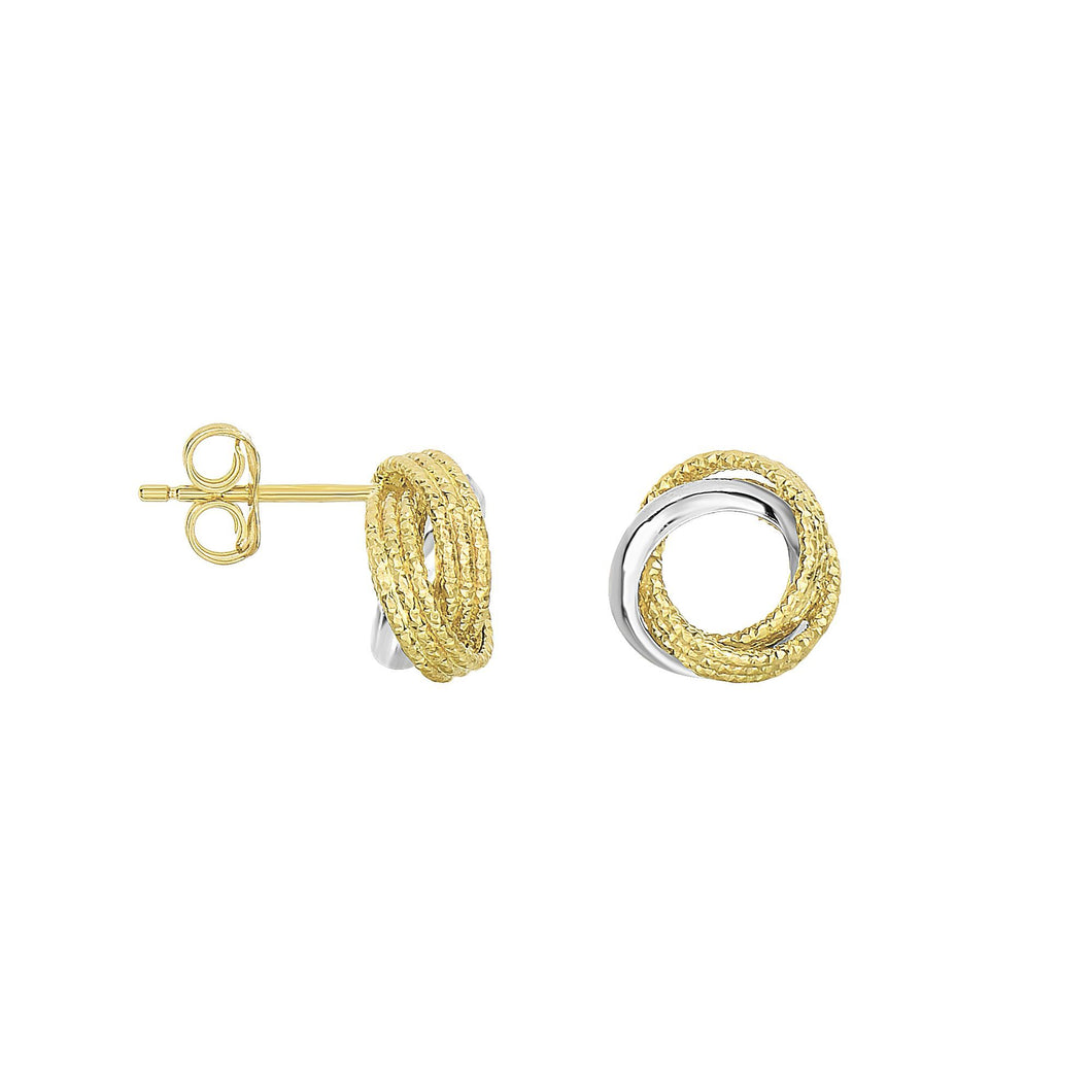 14K Yellow+White Gold 10.1mm Shiny 3 Circle Swirl Patterned Post Earring with Push Back Clasp