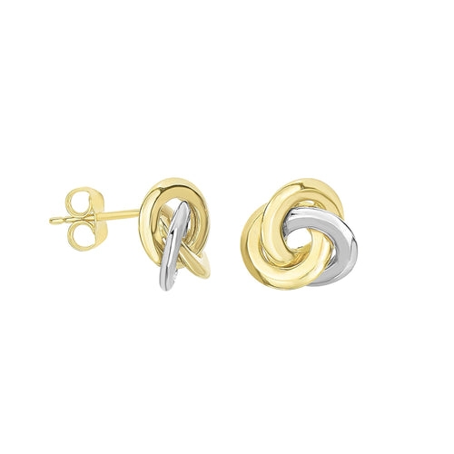 14K Yellow+White Gold Shiny 11.1mm 3 Row Loveknot Style Post Earring with Push Back Clasp