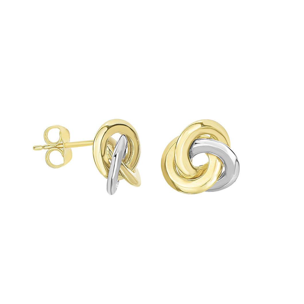14K Yellow+White Gold Shiny 11.1mm 3 Row Loveknot Style Post Earring with Push Back Clasp