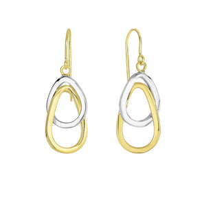 14K Yellow+White Gold Shiny 2-Interconnected Open Tear Drop Earring with Euro Wire Clasp