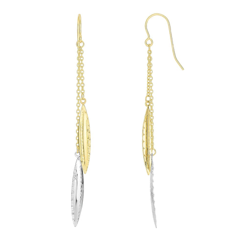 14K Yellow+White Gold 65X3.7mm Diamond Cut 2 Marquise Shaped On Double Strand Oval Link Drop Earring with Euro Wire Clasp
