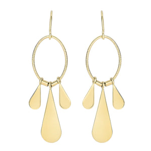14K Yellow Gold Shiny 40X11.2mm 3-Flat Teardrop On Open Oval Link Drop Earring with Euro Wire Clasp