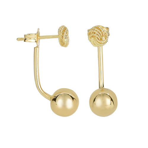 14Kt Yellow Gold 25.2X8mm Diamond Cut 4 Row Loveknot Post On Shiny 8mm Ball Drop Earring On Post With Push Back Clasp