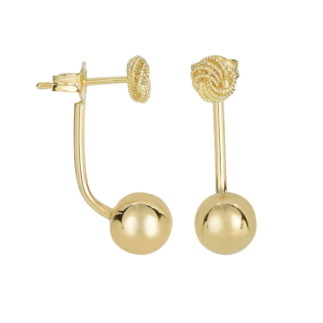 14Kt Yellow Gold 25.2X8mm Diamond Cut 4 Row Loveknot Post On Shiny 8mm Ball Drop Earring On Post With Push Back Clasp