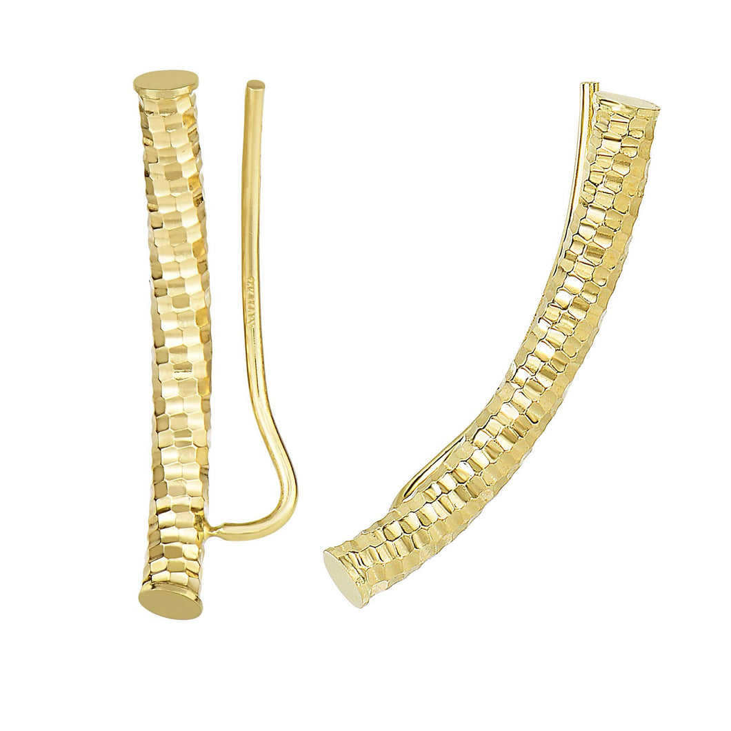 14Kt Yellow Gold 25X8mm Shiny+Diamond Cut Round Tu Be Curved Cylinder Type Post Earring with Euro Wire Clasp