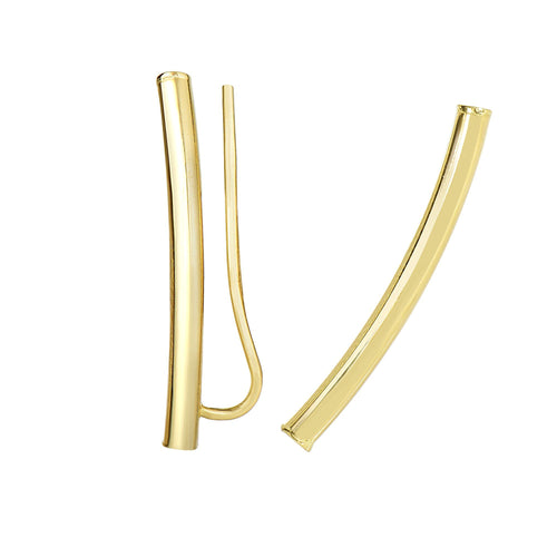 14Kt Yellow Gold 26X7mm Shiny Round Tube Curved Cylinder Type Post Earring with Euro Wire Clasp